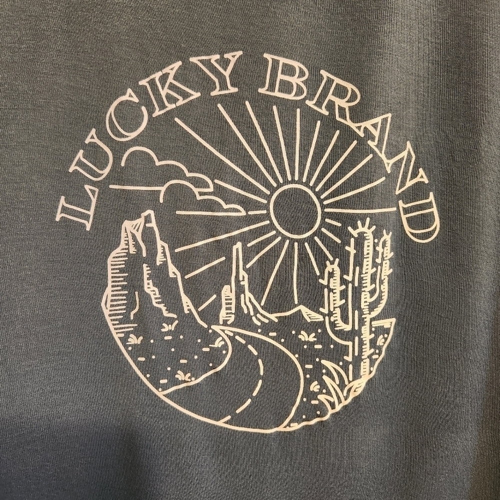 LUCKY BRAND LUXURY-SOFT BLUE RAYON STRETCHY LOGO TEE SHIRT SIZE MED - Picture 3 of 5